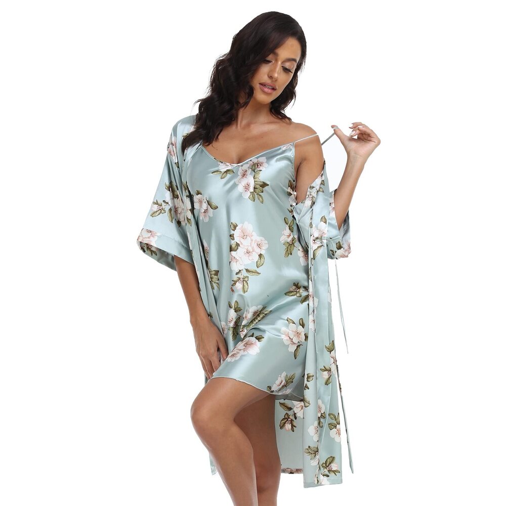 1293 Satin Robes Set with Nightgown Silk Kimono Pajamas 2 Piece Sleepwear - Picture 4 of 4